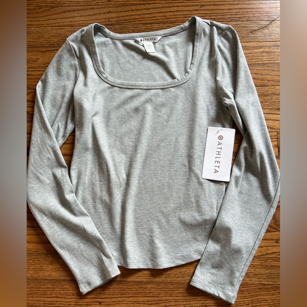 Athleta Ribbed Square Neck Light Gray Long Sleeve Top